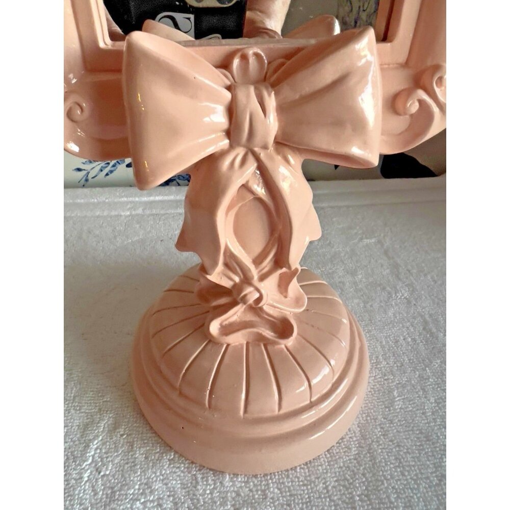 Tabletop Vanity Mirror Pink High Gloss Freestanding 13"H x 6.5"W Resin Bows CUTE - Picture 4 of 7